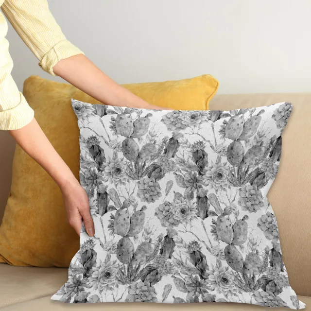 ABAKUHAUS Kaktus Kussenhoes, Boho Stijl Botanisch, Kussenhoes met Dubbelzijdig Patroon, Heldere Digitale Print, Kleurecht, met Ritssluiting, 40 x 40 cm, Grijs Wit