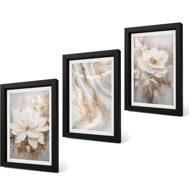 Coloray 4-Delige Schilderij Set - Bloemen en abstract marmerpatroon - 20 x 30 cm - Wanddecoratie - Schilderijen Set - Kantoor - Decoratieve Schilderijen Zwarte lijst