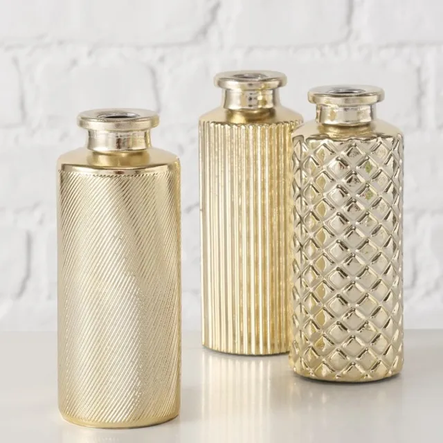 Boltze Home Gouden Vaasjes Set van 3 - Glazen Bloemenvaasjes - Decoratieve Mini Vazen - H13 cm - Voor Verse & Droogbloemen - Modern Interieur