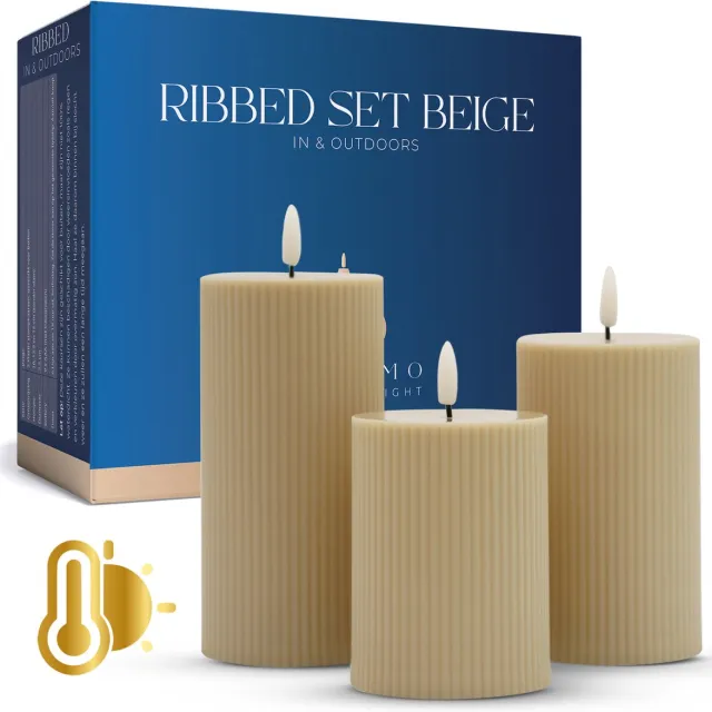 VITAMO Ribbed LED Kaarsen Set – In & Outdoors – Kunststof Stompkaarsen met Realistische Flikkering - Timerfunctie – Ribbel Kaarsen voor Binnen en Buiten – Beige (3 Stuks) Beige buitenkaarsen