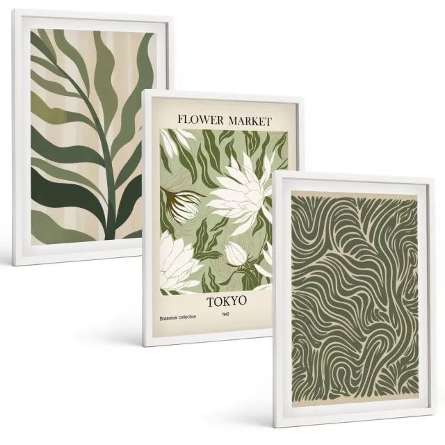 TULUP 3-Delige Schilderij Set - Plantenpatronen, botanische decoraties, boho-stijl - 40x60 - Muurdecoratie - Wanddecoratie - Slaapkamer - Interieur Decoratie Witte lijst