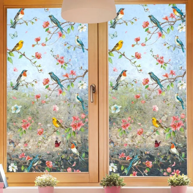 Cosensi Decoratieve raamfolie met bloemen en vogels, regenboog effect, statische sticker - privacyfolie voor gebrandschilderd glas - 40 x 101,6 cm Veelkleurig