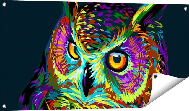 Gards Tuinposter Kleurrijke Uil - Abstract - 100x50 cm - Tuindoek - Tuindecoratie - Wanddecoratie buiten - Tuinschilderij Multikleur