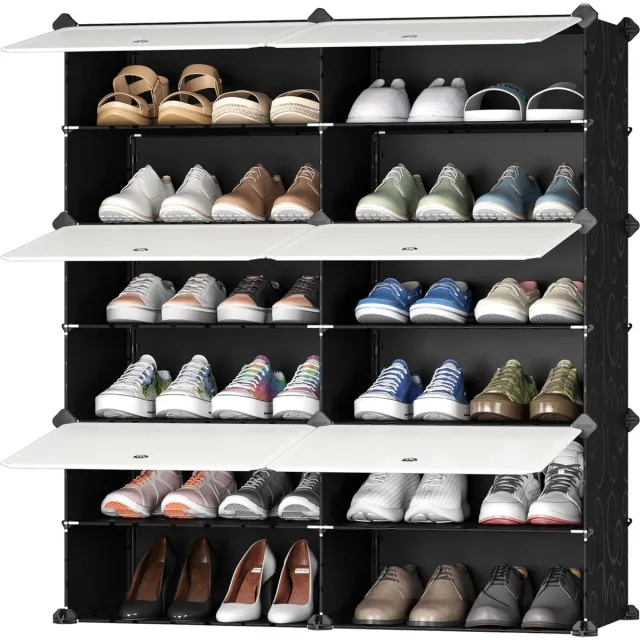 JOISCOPE Schoenenkast, Schoenenrek Kunststof, Rechthoekig Schappensysteem, Doe-Het-Zelf Insteekbare Schappen, Opbergrek, Garderobe, Voor Hal, Woonkamer, Metalen Frame, 2 * 6 zwart en wit