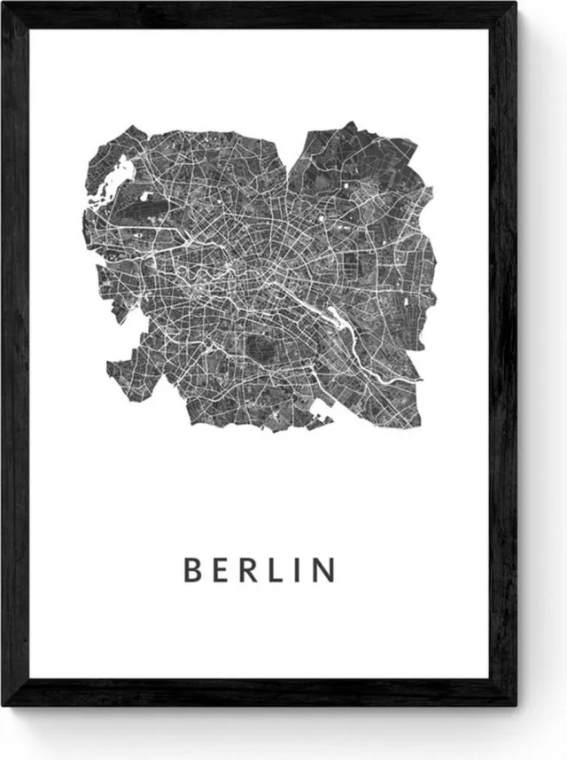 Kunst in Kaart Berlin - Ingelijste Stadskaart Poster Zwart, Wit