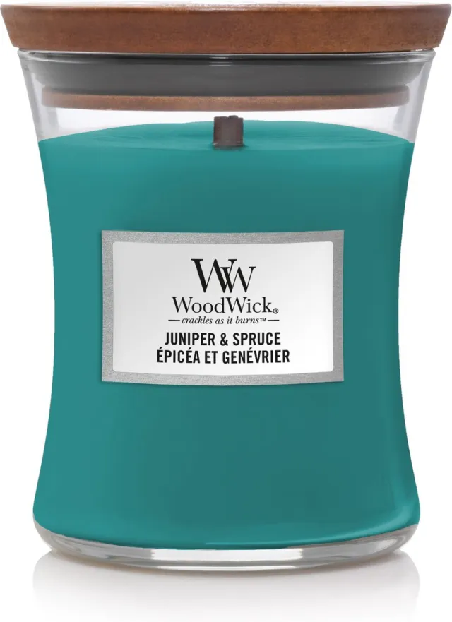 Woodwick Hourglass Medium Geurkaars - Juniper & Spruce groen