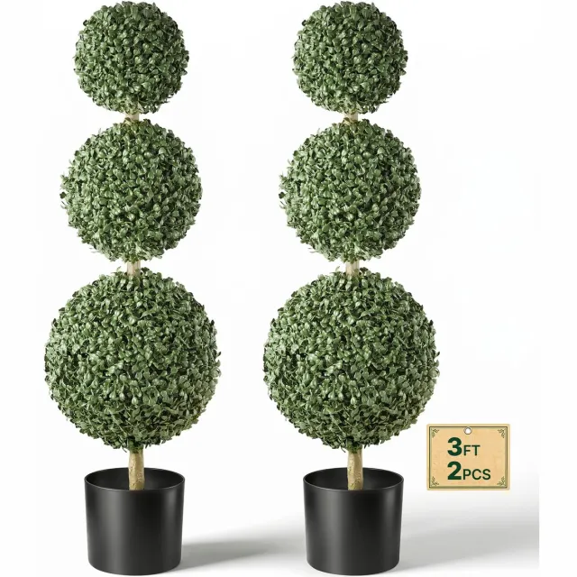 Vevor Kunstplant 2 stuks. Kunstmatige Buxus met PP-Pot 914 mm, Decoratieve Plant voor Woonkamer, Balkon, Kantoor, Veranda of Tuin, UV-Bestendig, Kunstboom Gemaakt van PE, Drievoudige Bolvorm, voor Binnen en Buiten Groen