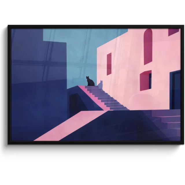 FrameYourWall Poster in lijst - Fotolijst 120x80 cm - Posters - Kat - Trap - Gebouwen - Schaduwcontrasten - Posterlijst zwart - Decoratie - Wanddecoratie woonkamer - Muurdecoratie slaapkamer