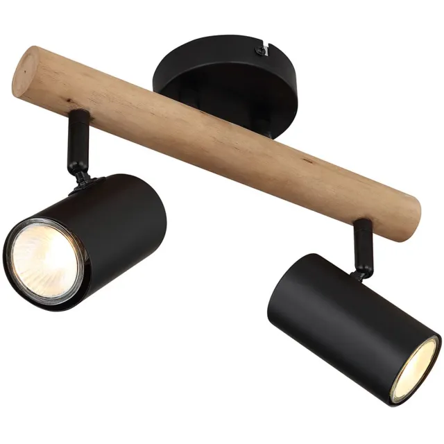 Globo Plafondlamp Eetkamerlamp Woonkamerlamp Plafondspot, hout metaal zwart, beweegbare spots, GU10, 2 vlammen, L 30 cm