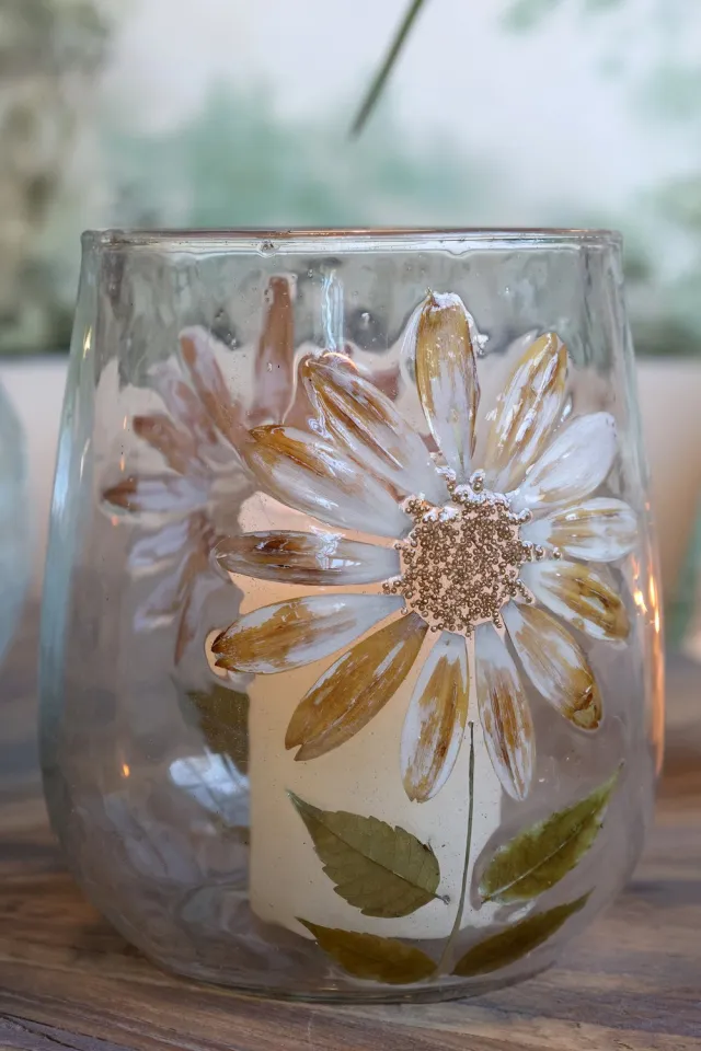 Chique Antique Chic Antique Glazen Windlicht met Echte Droogbloemen – Transparant – Handgemaakt – Ø 12,5 x 14 cm