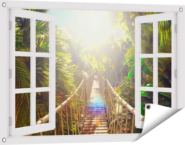Gards Tuinposter Doorkijk Houten Brug in de Tropische Jungle - 90x60 cm - Tuindoek - Tuindecoratie - Wanddecoratie buiten - Tuinschilderij Wit