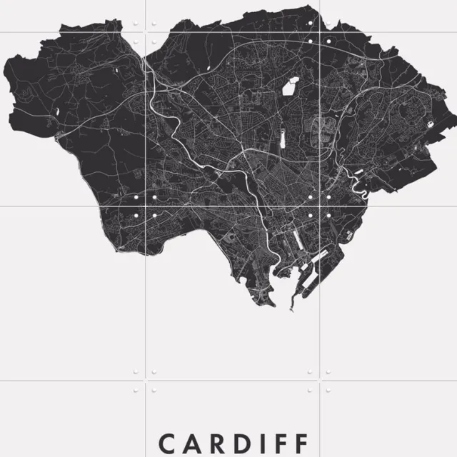 IXXI Cardiff City Map, Kunst in Kaart - 60 x 80 cm - Grote wanddecoratie en posters - Minimalisme, Technische Tekening, Grafisch Ontwerp Zwart en wit / Monochroom / Zwart