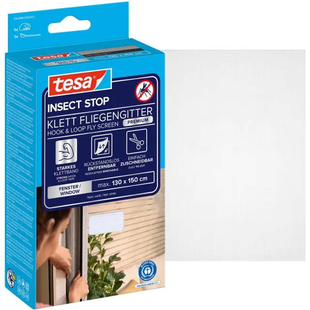 Tesa INSECT STOP H&L Fly Screen Premium for Windows - hor met sterke klittenband, verwijderbaar zonder resten, op - 130 x 150 cm - wit (lichte privacy)