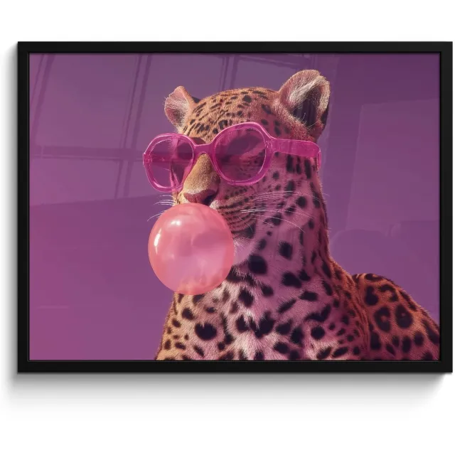 FrameYourWall Poster in lijst - Fotolijst 80x60 cm - Posters - Panter - Zonnebril - Kauwgombel - Roze - Posterlijst zwart - Decoratie - Wanddecoratie woonkamer - Muurdecoratie slaapkamer