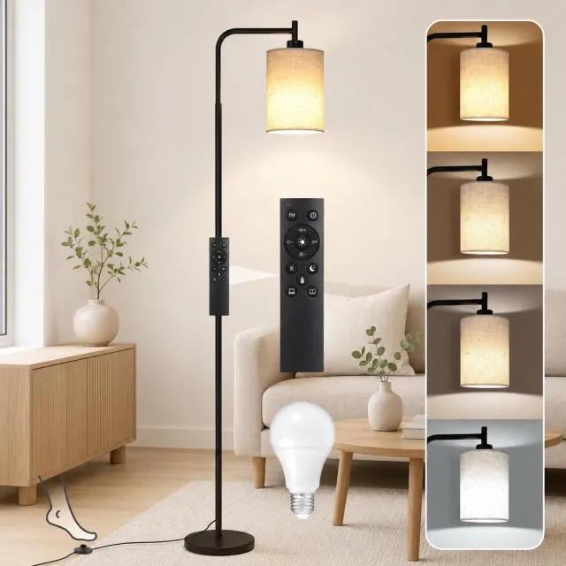 MUPOO Moderne Vloerlamp met Linnen Lampenkap - Staande Lamp met Magnetische Afstandsbediening-hoeklamp met Dimbaar& 4 Kleurtemperaturen-E27 LED Lamp Inbegrepen - Voetschakelaar & Timer - leeslamp staand voor Slaapkamer Kantoor-Zwart