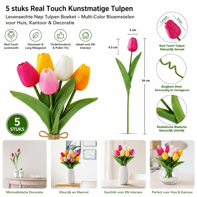sojupcal 5 stuks Real Touch Kunsttulpen – Levensecht Tulpen Boeket – Kleurrijke Kunstbloemen voor Vaas, Huisdecoratie en Kantoor Lichtroze