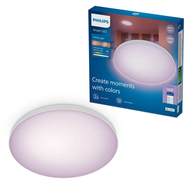 Philips Smart Lighting - Plafondlamp - RGB - Gekleurd en instelbaar wit licht - Dimbaar - Diameter: 37,5cm - Wit - 24W - Rond - Werkt met de WiZ app - Wifi