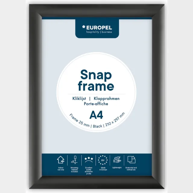 Europel Kliklijst – Posterlijst – A4 – 21 x 29,7 cm – Aluminium – 25mm – Zwart