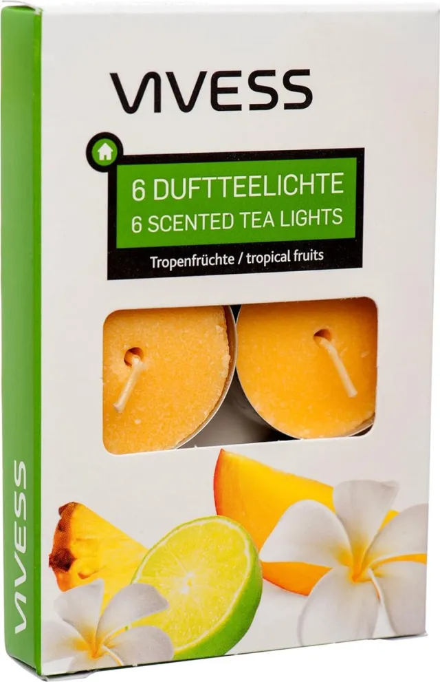VIVESS Tropical Fruits geurende gele theelicht kaarsen - pak van 6 stuks geel