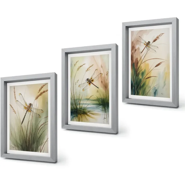 Coloray 4-Delige Schilderij Set - Libellen tussen het gras bij het water in een schilderachtige stijl. - 20 x 30 cm - Stijlvolle Muurdecoratie - Kantoor - Decoratieve Schilderijen Zilveren lijst