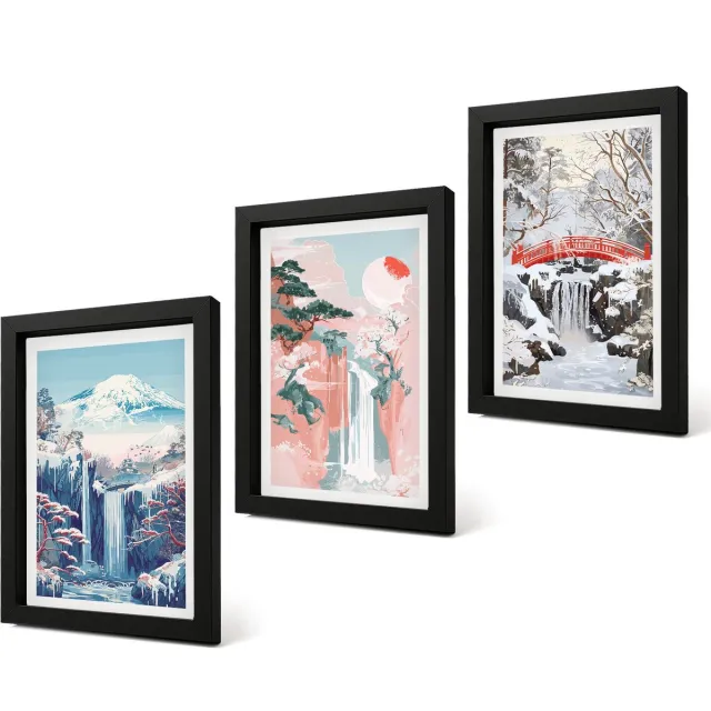 Coloray 4-Delige Schilderij Set - Berglandschappen en watervallen in verschillende seizoenen - 20 x 30 cm - Wanddecoratie - Schilderijen Set - Interieur Zwarte lijst