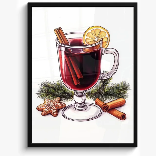 FrameYourWall Poster in lijst - Fotolijst 50x70 cm - Posters - Wijn - Drinken - Gluhwein - Winter - Illustratie - Kerst - Posterlijst zwart - Decoratie - Wanddecoratie woonkamer - Muurdecoratie slaapkamer - Kerstversiering - Kerstdecoratie voor binnen - Kerstmis Winter - Glühwein