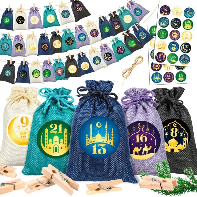 Famanu Ramadan adventskalender kit - stoffen trekkoord zakjes - DIY stickers - Ramadan countdown kalender - decoratie en cadeauzakjes Blauw