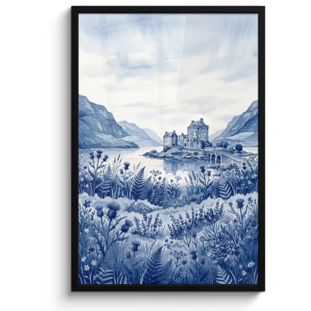 FrameYourWall Poster in lijst - Fotolijst 60x90 cm - Posters - Schots - Kasteel - Blauw - Aquarel - Posterlijst zwart - Decoratie - Wanddecoratie woonkamer - Muurdecoratie slaapkamer