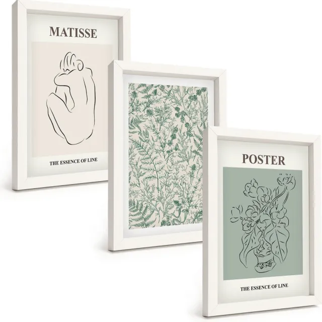 TULUP 3-Delige Schilderij Set - Lijnen en plantmotieven in een minimalistische stijl. - 20x30 - Muurdecoratie - Interieur Decoratie - Stijlvolle Muurdecoratie Witte lijst