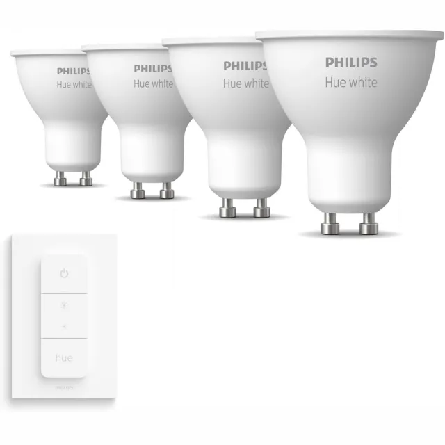 Philips Hue Uitbreidingspakket - GU10 - met 4 Spotjes - Warmwit Licht - Incl. 1 Hue Dimmer Switch - Hue White