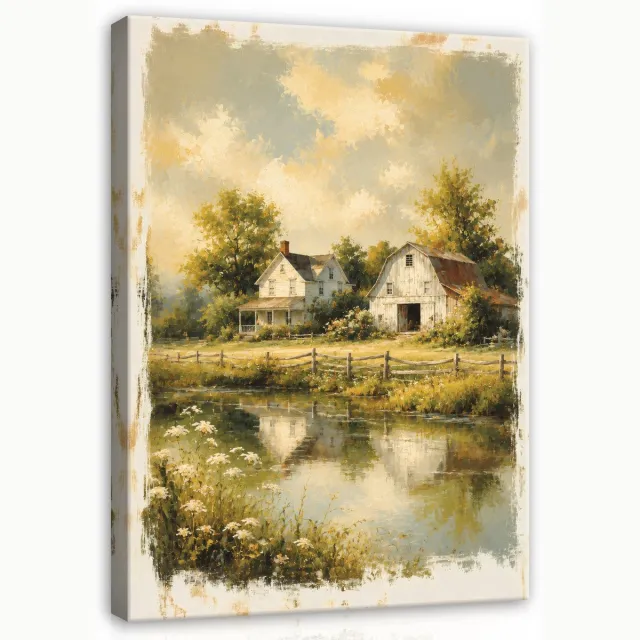 WALLARENA Schilderij op canvas - 90x60 cm - landelijk landschap met huisje in vintage stijl - wanddecoratie voor woonkamer en slaapkamer Beige