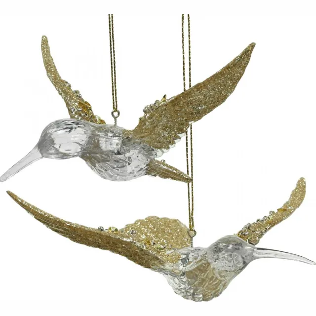 Kaemingk Kerstboom ornamenten vogel kolibrie hanger 11,5/14cm set van 2 Goud