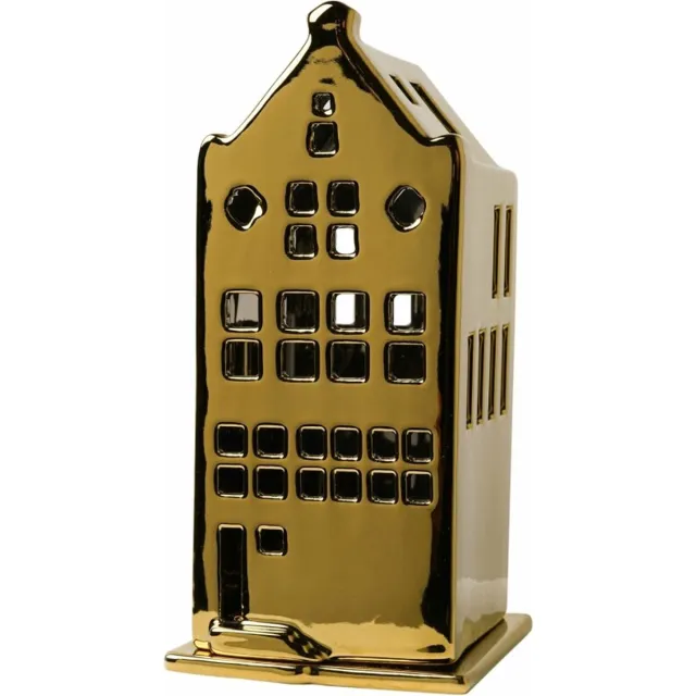 Heinen Delfts Blauw Waxinelichthouder huis - tuitgevel - goud - 17 cm