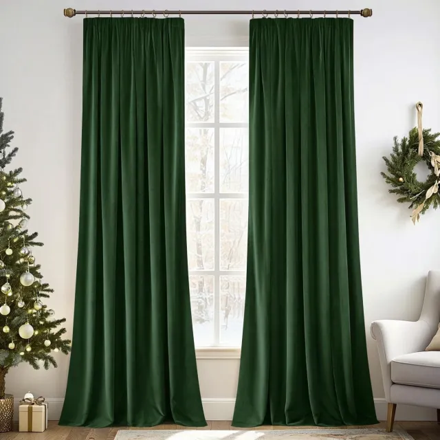 Famanu Fluwelen gordijn met plooiband - set van 2 - 140 x 245 cm - mooie dikke en zware gordijnen - voor woonkamer - slaapkamer - decoratie - ondoorzichtige gordijnen - donkergroen - fluweel - verduistering