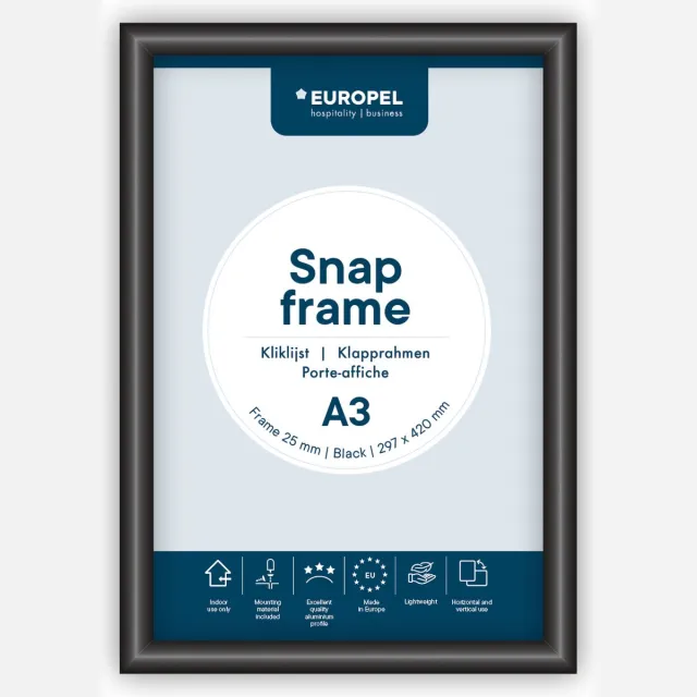 Europel Kliklijst – Posterlijst – A3 – 29,7 x 42 cm – Aluminium – 25mm – Zwart