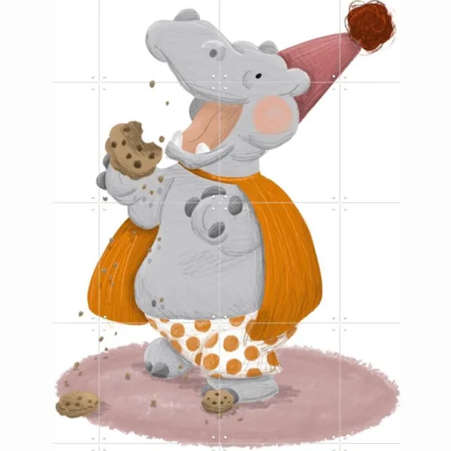 IXXI Cookies Hippo, Studio Phie - 120 x 120 cm - Grote wanddecoratie en posters - Illustraties, Cartoonesk, Digitale Kunst, Speels, Kleurrijk Grijs