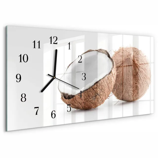 TULUP Wandklok - Kokosnoten Klok Glas Met Opdruk - 60x30 cm - Bruin Moderne Wandklok Glas - Zwarte Handen - Rechthoekige Wandklok - Gekleurde Glazen Klok - Glazen Klok Met Print Bruin - Kokosnoten