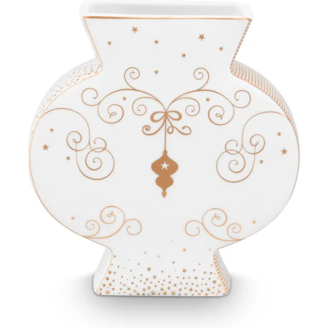 Pip Studio Royal Winter White Vaas Plat Wit met gouden krullen Hoogte: 16cm Kerst Vaas