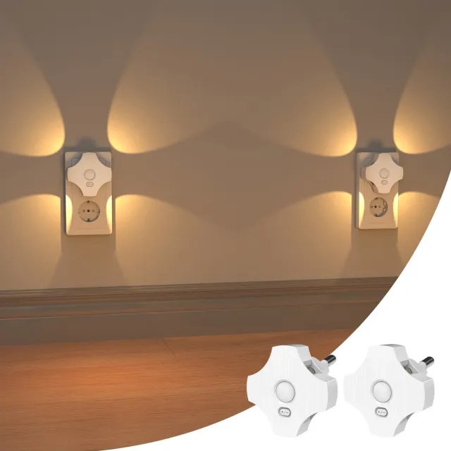 Ryoudavell LED Nachtlampje op Stopcontact met Bewegingssensor - Set van 2 Dimbaar Insteek Nachtlamp met Lichtsensor - Warm Wit Stervormig Lampje 30-100LM - Automatisch Aan/Uit voor Gang, Trap, Slaapkamer en Badkamer - EU-stekker