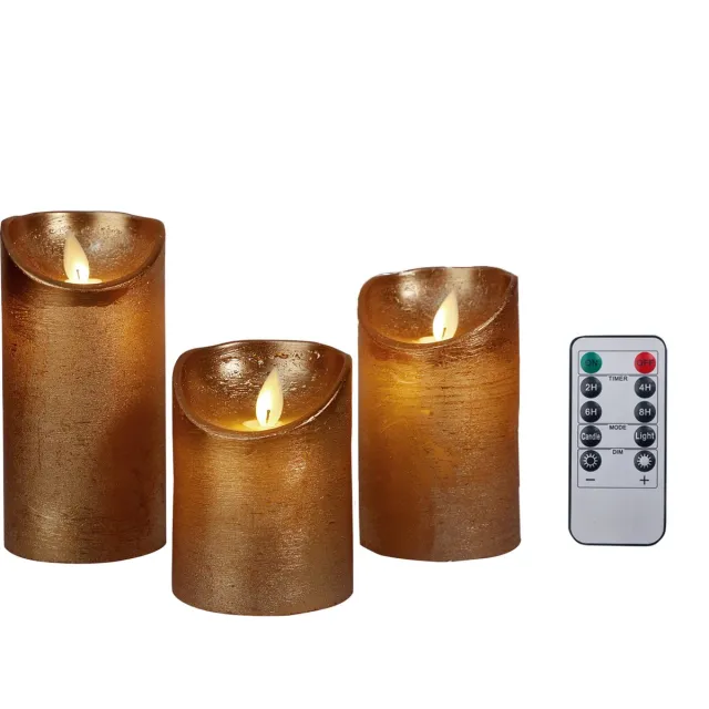 Foryouliving LED kaarsen met bewegende vlam 3x - Koper - Copper - Afstandsbediening - Stompkaars rustiek wax - LED kaars batterij - Timer - 7.5 x 10 12.5 15 cm