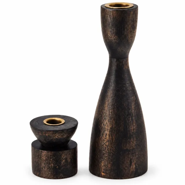 EasyMart Houten Kandelaars Set van 2 - Kaarsenhouders voor Dinerkaarsen - Houten Kaarsenstandaards - 9 en 28 cm - Donkerbruin - Met Metalen Inzet - Landelijke Woonaccessoires en Tafeldecoratie