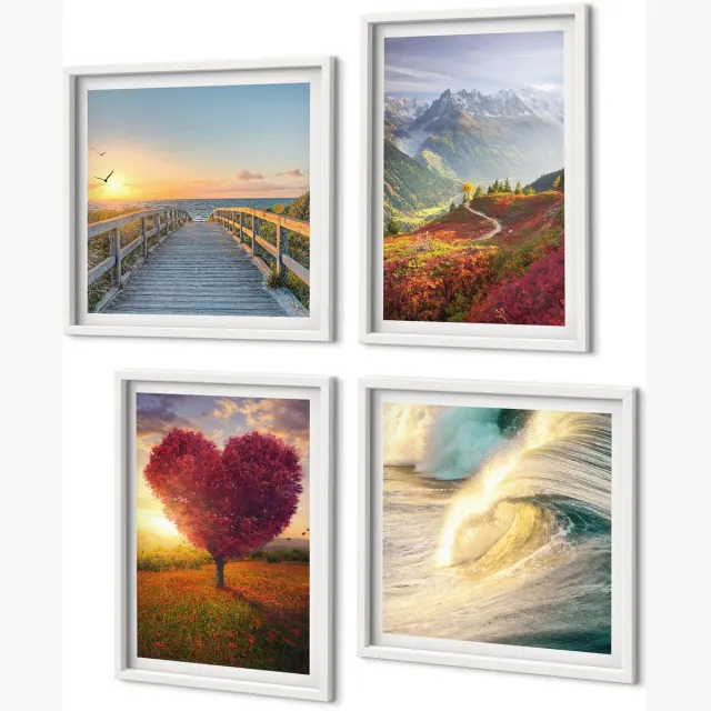 Coloray 4-Delige Schilderij Set - Berglandschappen Golven Hartvormige Boompier - 40 x 40 En 40 x 60 - Wanddecoratie - Moderne Interieurdecoratie - Woonkamer Decoratie Witte lijst