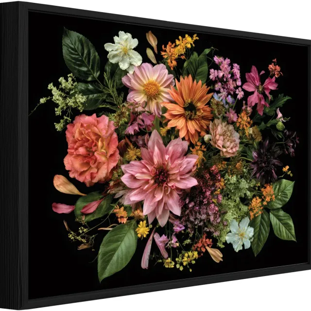WALLARENA Schilderij op canvas in zwarte lijst - 100x70 cm - bloemen op zwarte achtergrond - wanddecoratie woonkamer en slaapkamer Veelkleurig