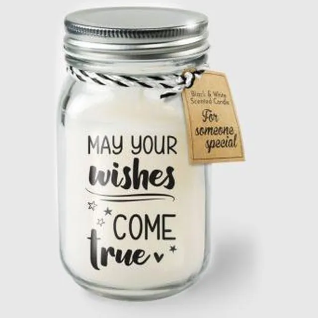 Zusenzow.com Kaars - May your wishes come true - Lichte vanille geur - In glazen pot - In cadeauverpakking met gekleurd lint zwart -wit