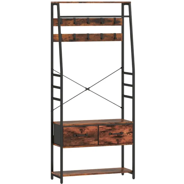 Clruro Kledingkast - 120x40x50 cm - Garderobe Met Schoenrek, Zitbank, 10 Haken & 2 Stoffen Laden - Kledingstang - Spanplaat/Metaal - Bruin Rustiek bruin