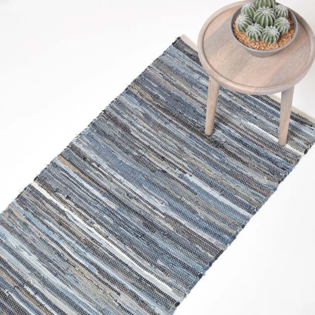 Homescapes Denim vloerkleed loper blauw gestreept, 66x200 cm – voddenkleed van gerecycled denim