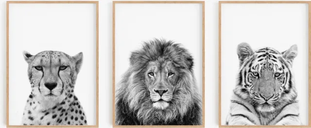 No Filter Zwart/wit dieren posters - 3 stuks - 20x30 cm - Cheetah, leeuw & tijger zwart wit