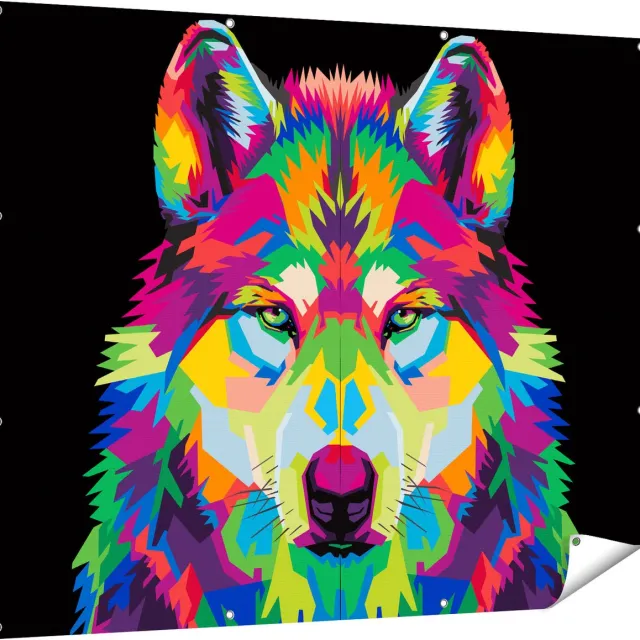 Gards Tuinposter Gekleurde Wolvenkop - Wolf - Abstract - 150x120 cm - Tuindoek - Tuindecoratie - Wanddecoratie buiten - Tuinschilderij Multikleur