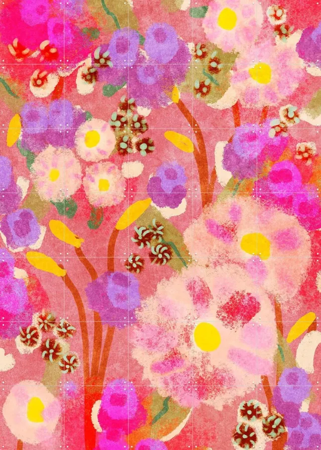 IXXI Puffy Abstract Flower Garden, Raissa Oltmanns - 100 x 140 cm - Grote wanddecoratie en posters - Fantasierijk, Speels, Eetkamer, Slaapkamer Roze / Rood