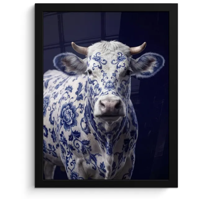 FrameYourWall Poster in lijst - Fotolijst 30x40 cm - Posters - Koe - Delfts - Blauw - Artistiek - Posterlijst zwart - Decoratie - Wanddecoratie woonkamer - Muurdecoratie slaapkamer